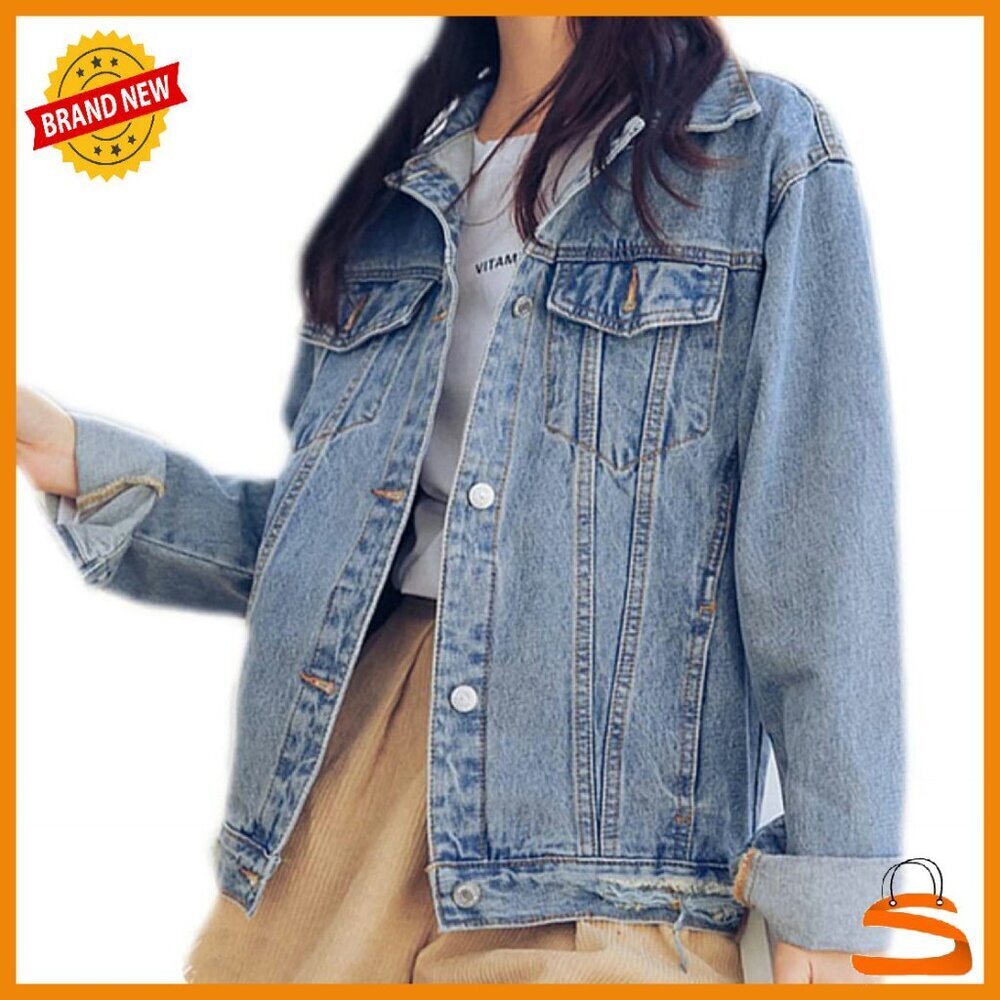 Oversized Distressed Denim Jacket Button Closure Pockets Casual Wear